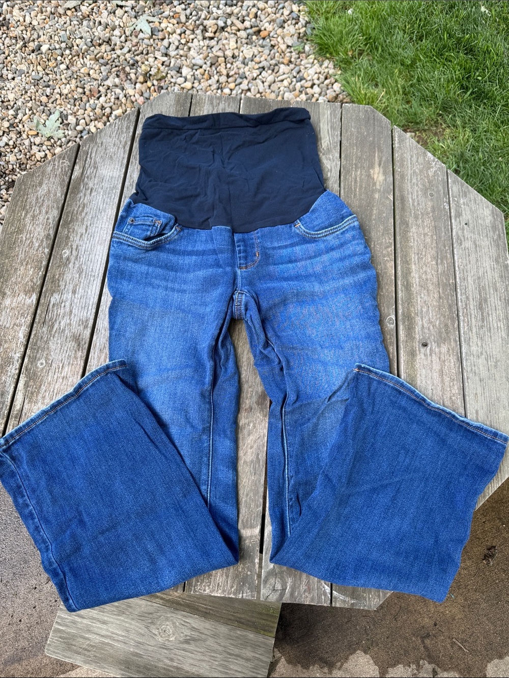 A Pea in the Pod Blue Flare Maternity Jeans with Black Panel